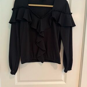 INC International Concepts Black Ruffle V-Neck Long Sleeve Top